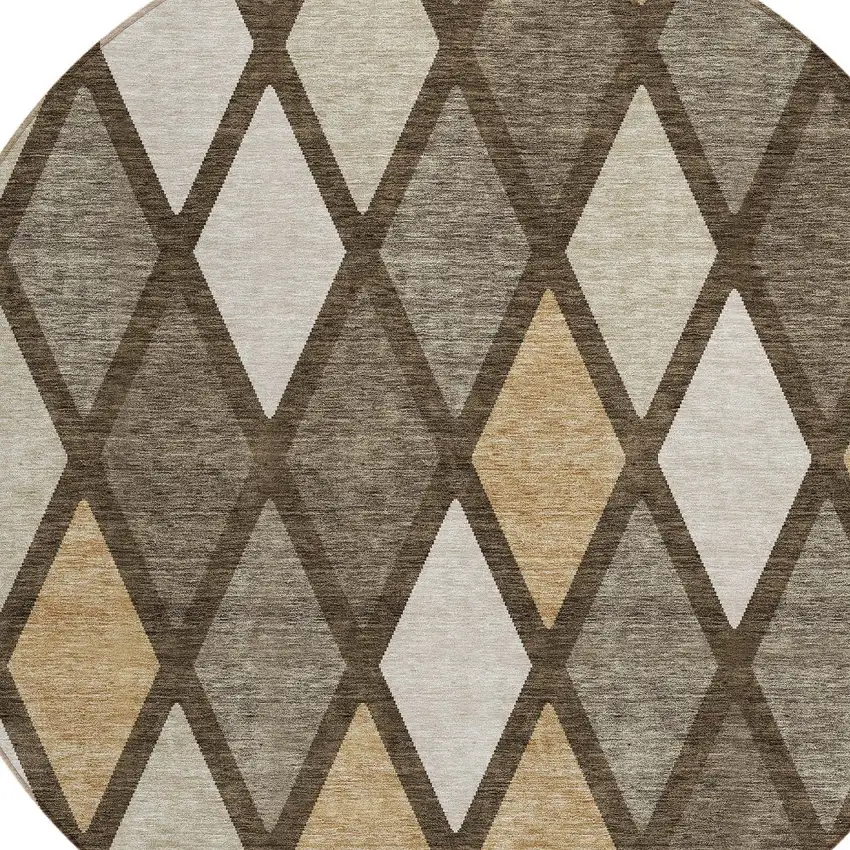 8' Brown Beige And Ivory Round Geometric Washable Indoor Outdoor Area Rug Photo 4