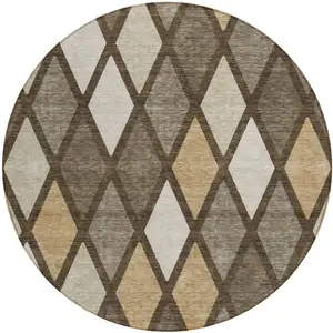 Photo of 8' Brown Beige And Ivory Round Geometric Washable Indoor Outdoor Area Rug