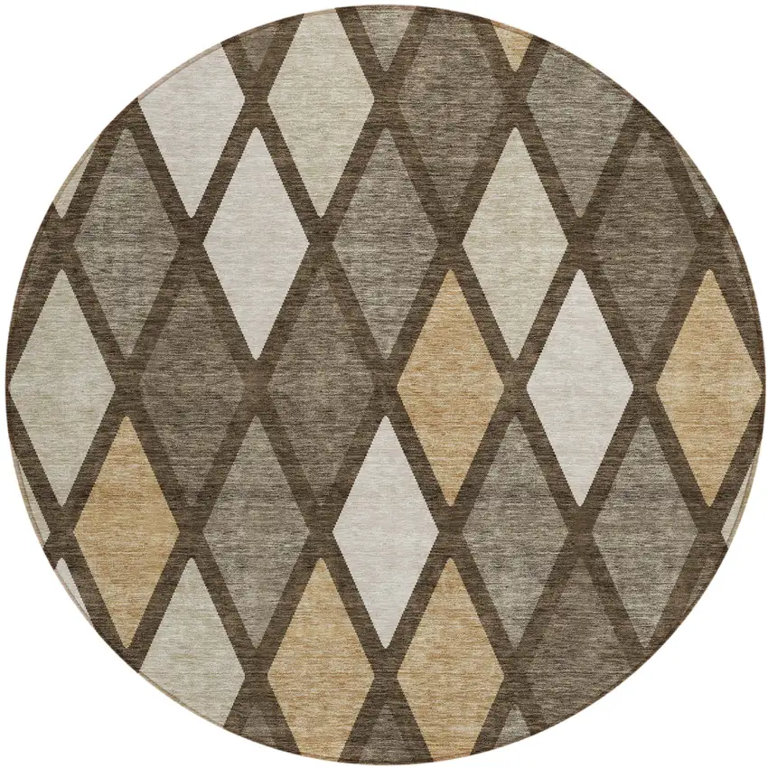 8' Brown Beige And Ivory Round Geometric Washable Indoor Outdoor Area Rug Photo 2