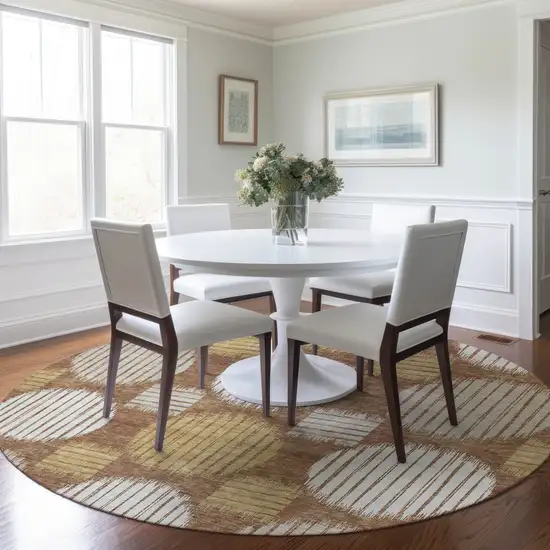 8' Brown Beige And Ivory Round Geometric Washable Indoor Outdoor Area Rug Photo 8