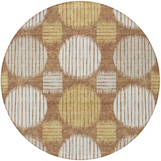 8' Brown Beige And Ivory Round Geometric Washable Indoor Outdoor Area Rug Photo 6