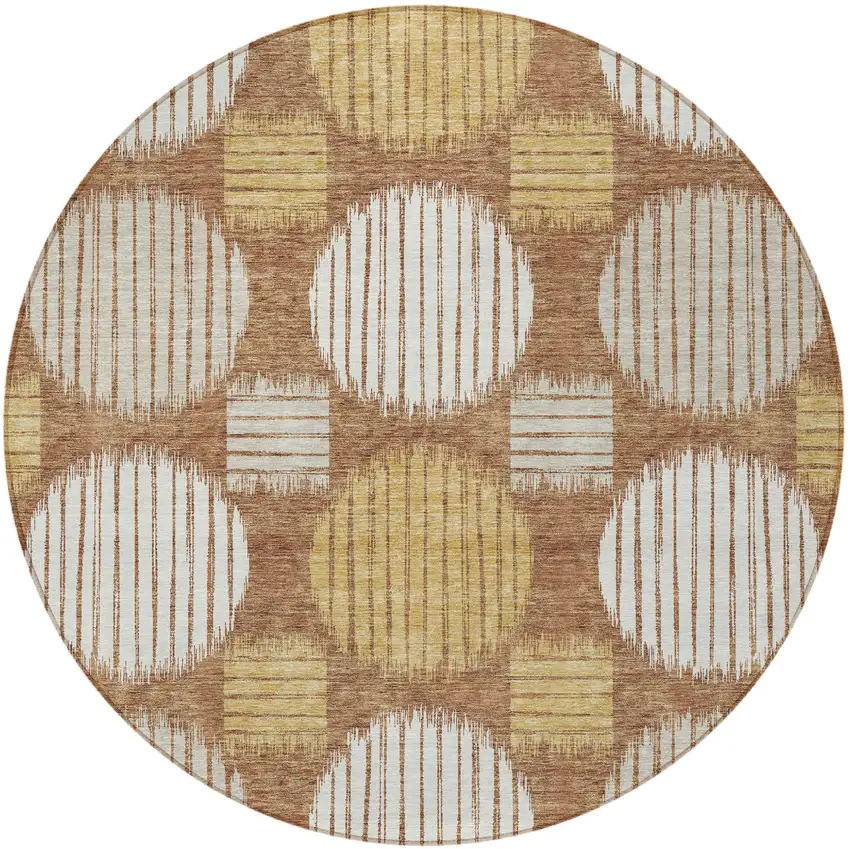 8' Brown Beige And Ivory Round Geometric Washable Indoor Outdoor Area Rug Photo 6
