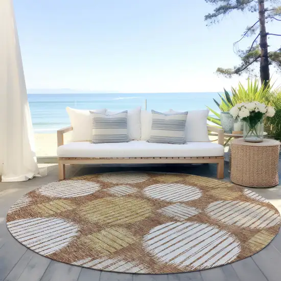 8' Brown Beige And Ivory Round Geometric Washable Indoor Outdoor Area Rug Photo 7