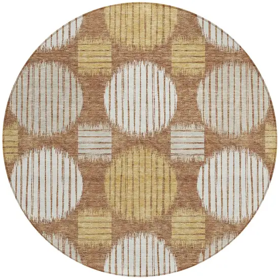 8' Brown Beige And Ivory Round Geometric Washable Indoor Outdoor Area Rug Photo 5