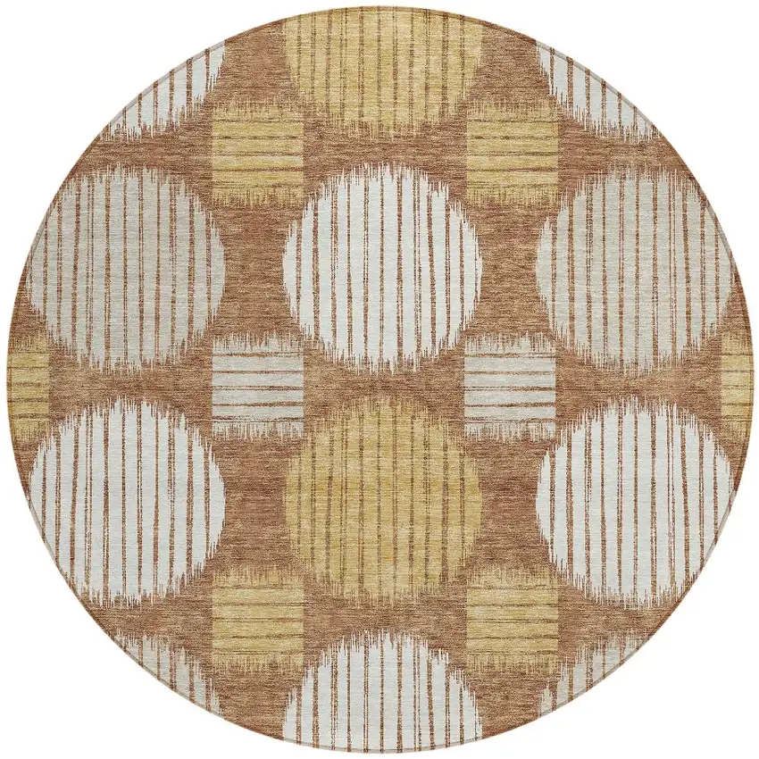 8' Brown Beige And Ivory Round Geometric Washable Indoor Outdoor Area Rug Photo 5