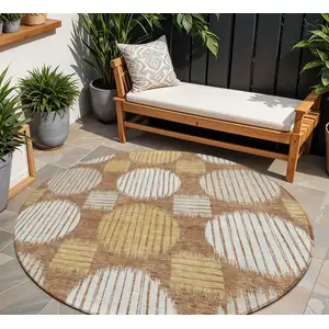 Photo of 8' Brown Beige And Ivory Round Geometric Washable Indoor Outdoor Area Rug