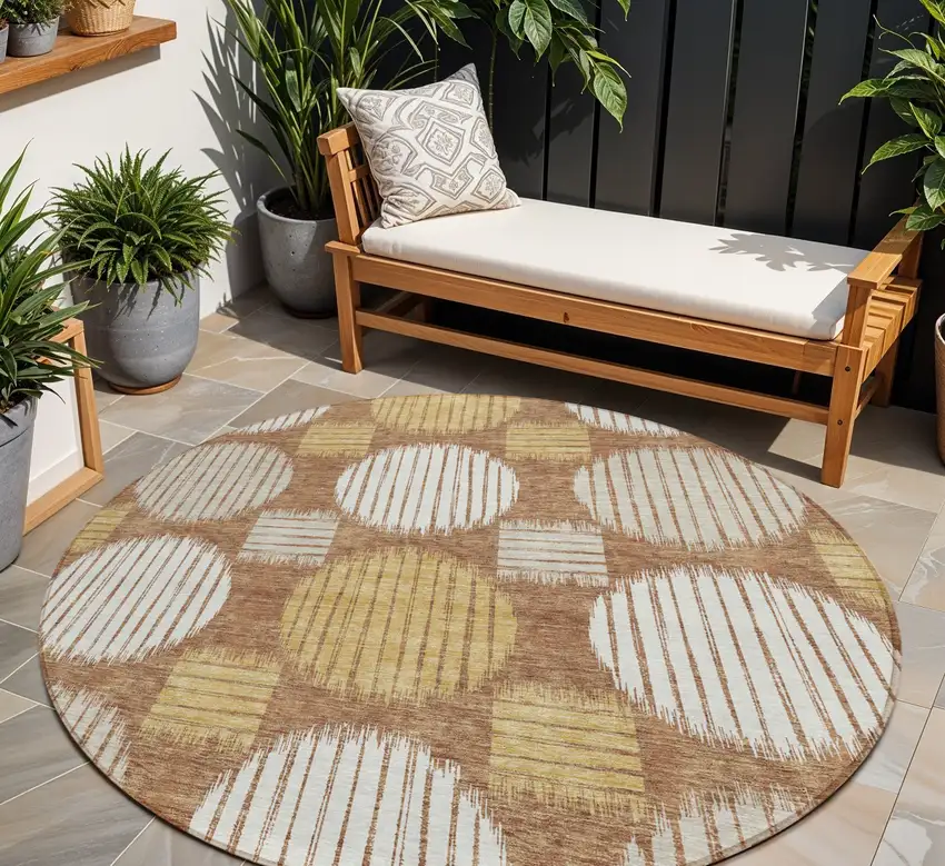 8' Brown Beige And Ivory Round Geometric Washable Indoor Outdoor Area Rug Photo 1