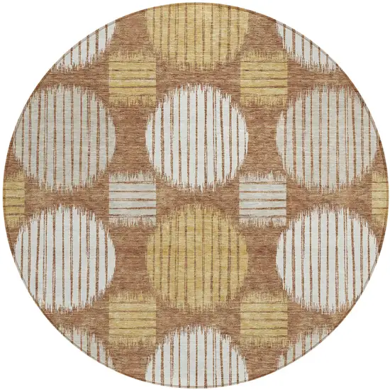 8' Brown Beige And Ivory Round Geometric Washable Indoor Outdoor Area Rug Photo 2