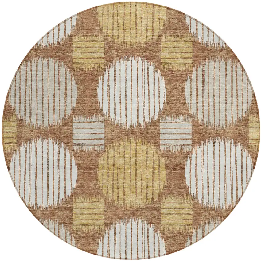 8' Brown Beige And Ivory Round Geometric Washable Indoor Outdoor Area Rug Photo 2