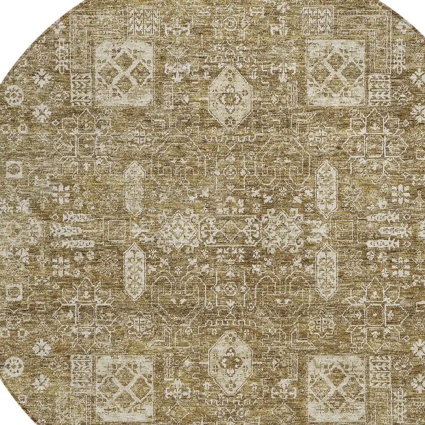 8' Brown Beige And Ivory Round Oriental Washable Indoor Outdoor Area Rug Photo 6