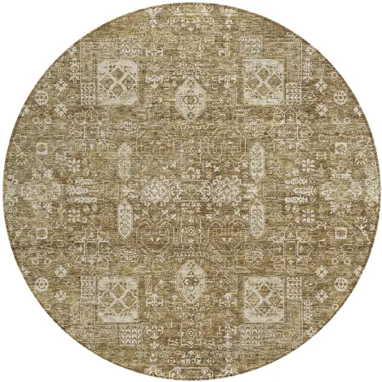 8' Brown Beige And Ivory Round Oriental Washable Indoor Outdoor Area Rug Photo 1