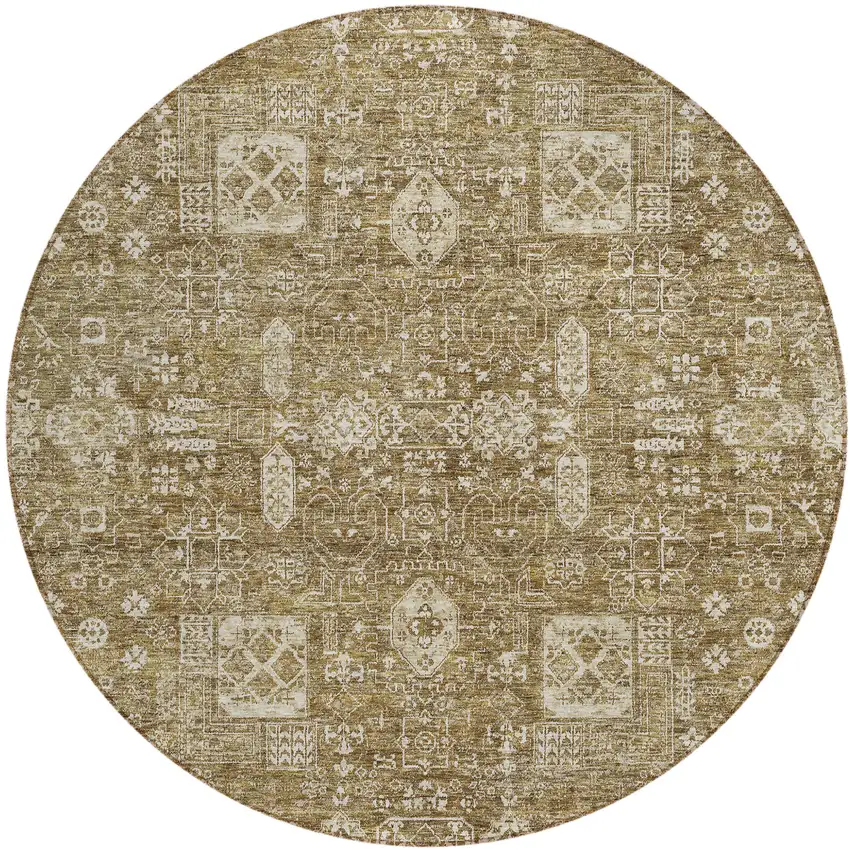 8' Brown Beige And Ivory Round Oriental Washable Indoor Outdoor Area Rug Photo 1