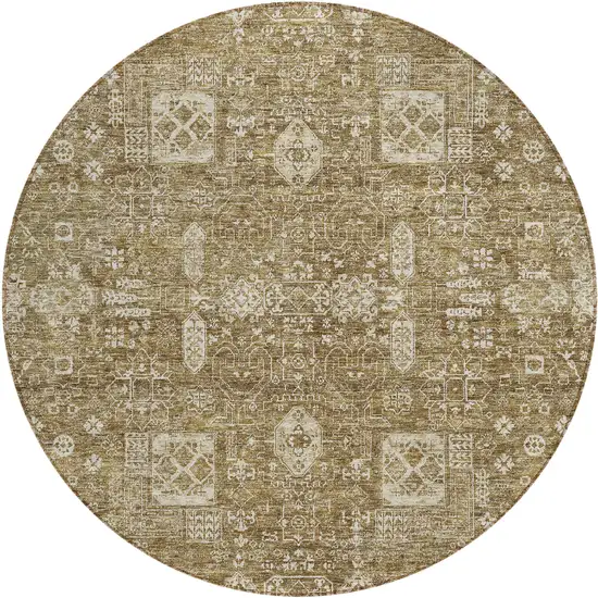 8' Brown Beige And Ivory Round Oriental Washable Indoor Outdoor Area Rug Photo 1