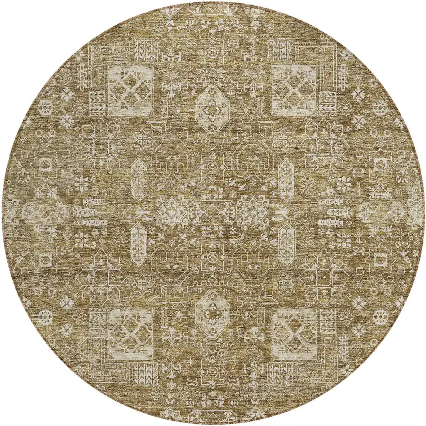 8' Brown Beige And Ivory Round Oriental Washable Indoor Outdoor Area Rug Photo 1