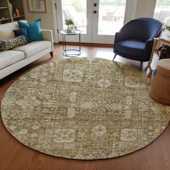 8' Brown Beige And Ivory Round Oriental Washable Indoor Outdoor Area Rug Photo 8
