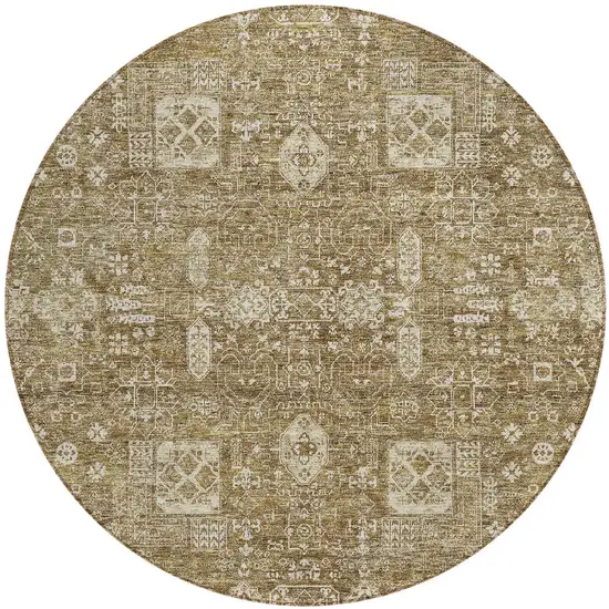 8' Brown Beige And Ivory Round Oriental Washable Indoor Outdoor Area Rug Photo 2