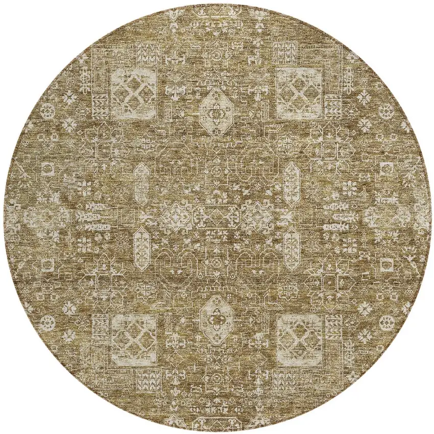 8' Brown Beige And Ivory Round Oriental Washable Indoor Outdoor Area Rug Photo 2