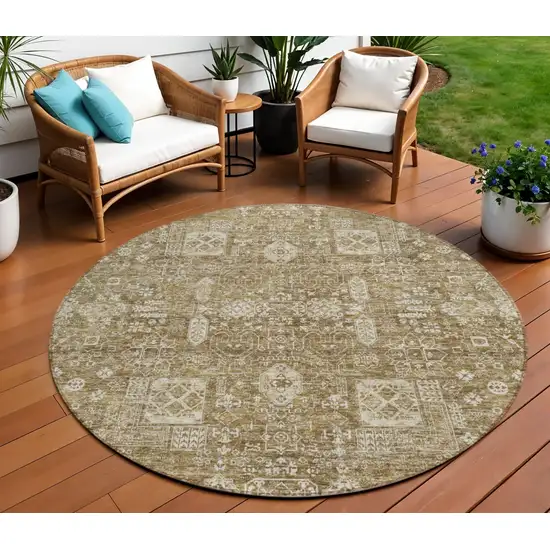 8' Brown Beige And Ivory Round Oriental Washable Indoor Outdoor Area Rug Photo 1