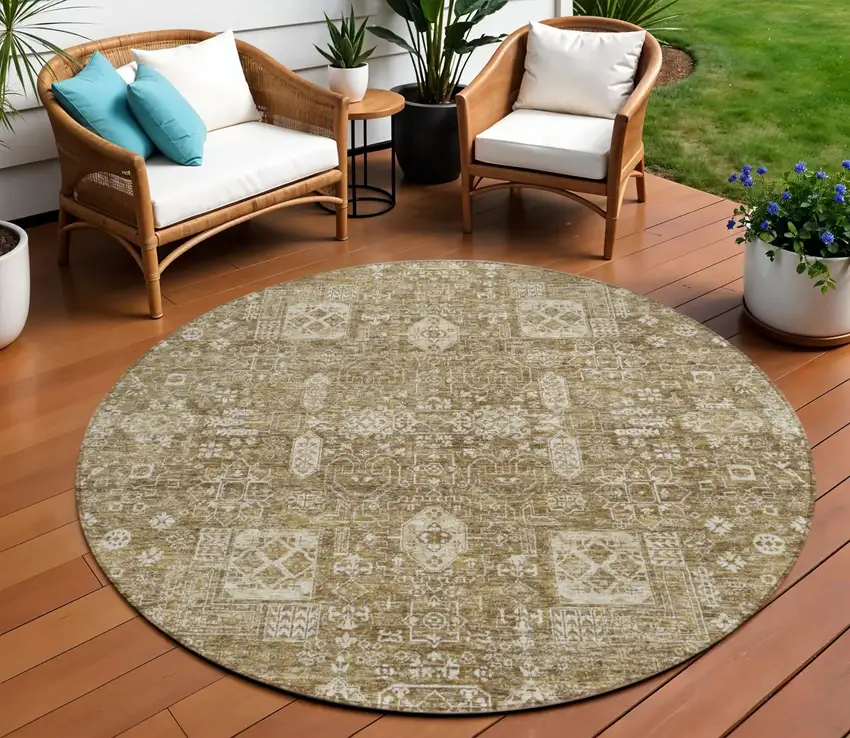 8' Brown Beige And Ivory Round Oriental Washable Indoor Outdoor Area Rug Photo 1