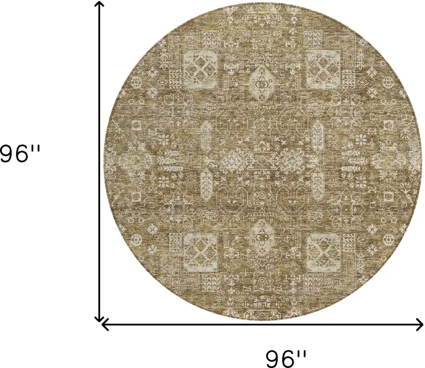 8' Brown Beige And Ivory Round Oriental Washable Indoor Outdoor Area Rug Photo 9