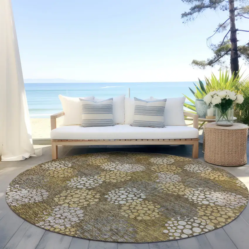 8' Brown Beige And Ivory Round Polka Dot Washable Indoor Outdoor Area Rug Photo 7