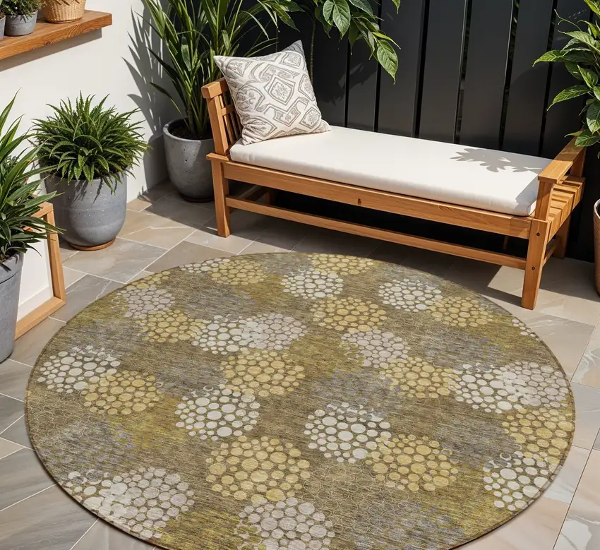 8' Brown Beige And Ivory Round Polka Dot Washable Indoor Outdoor Area Rug Photo 1