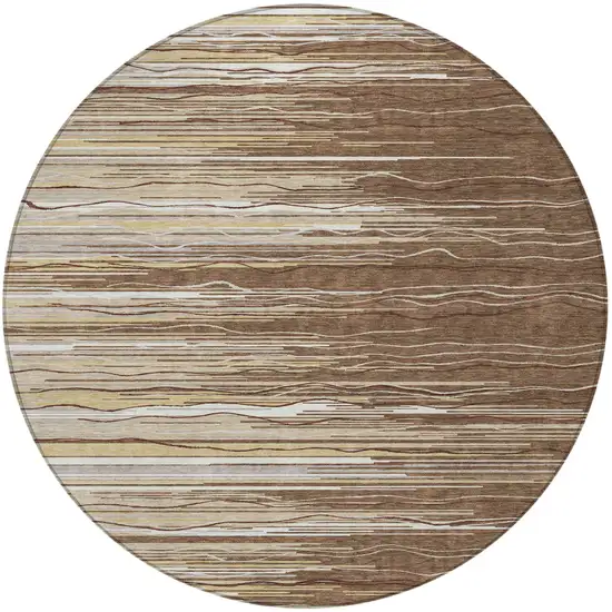 8' Brown Beige And Ivory Round Striped Washable Indoor Outdoor Area Rug Photo 5