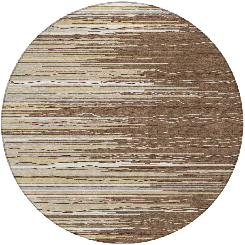 8' Brown Beige And Ivory Round Striped Washable Indoor Outdoor Area Rug Photo 5