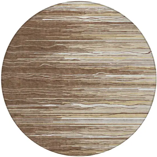 8' Brown Beige And Ivory Round Striped Washable Indoor Outdoor Area Rug Photo 2