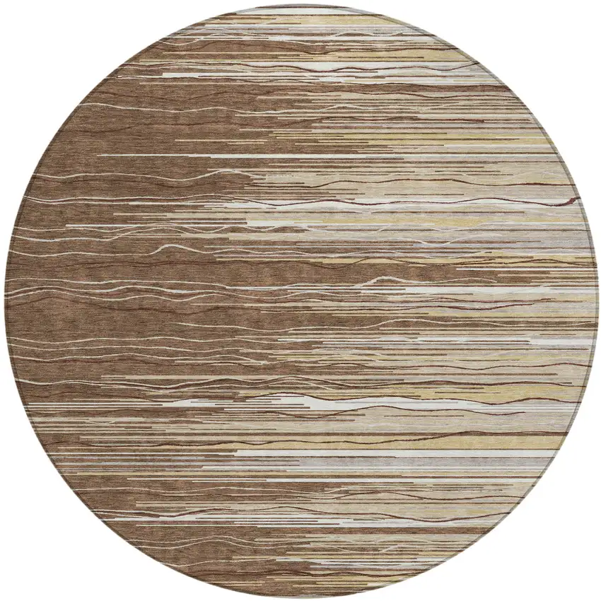 8' Brown Beige And Ivory Round Striped Washable Indoor Outdoor Area Rug Photo 2