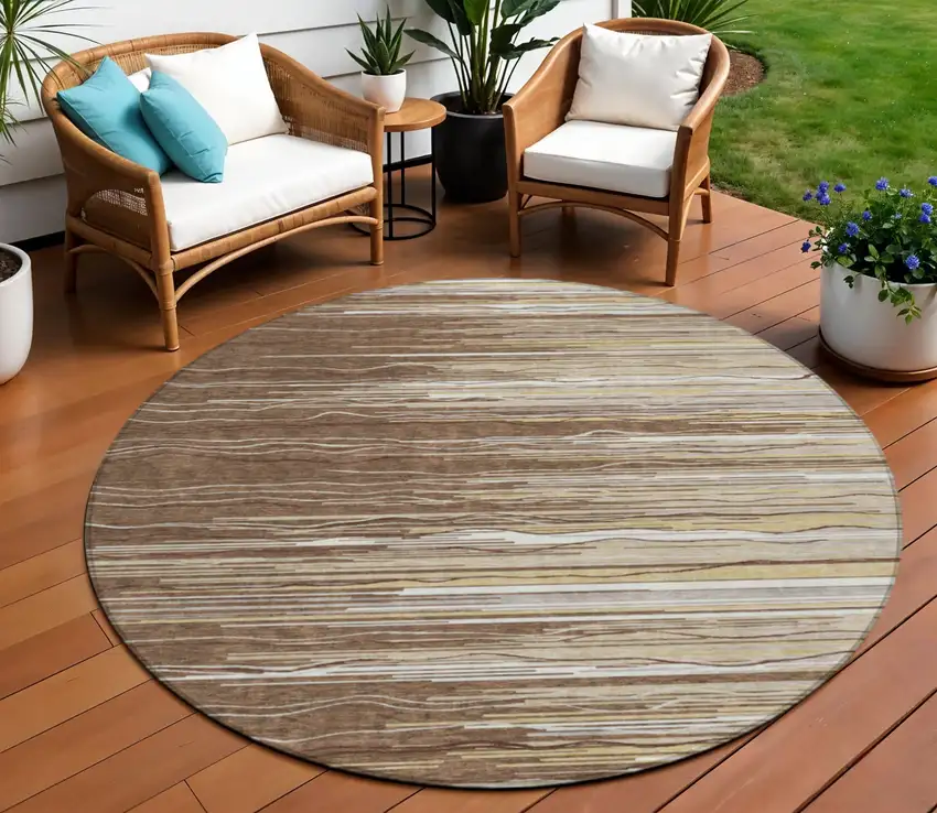 8' Brown Beige And Ivory Round Striped Washable Indoor Outdoor Area Rug Photo 1
