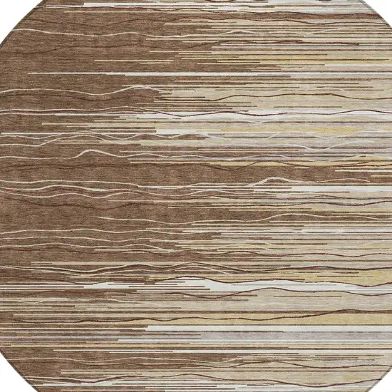 8' Brown Beige And Ivory Round Striped Washable Indoor Outdoor Area Rug Photo 4