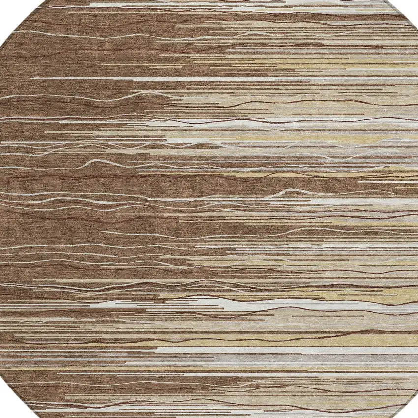 8' Brown Beige And Ivory Round Striped Washable Indoor Outdoor Area Rug Photo 4