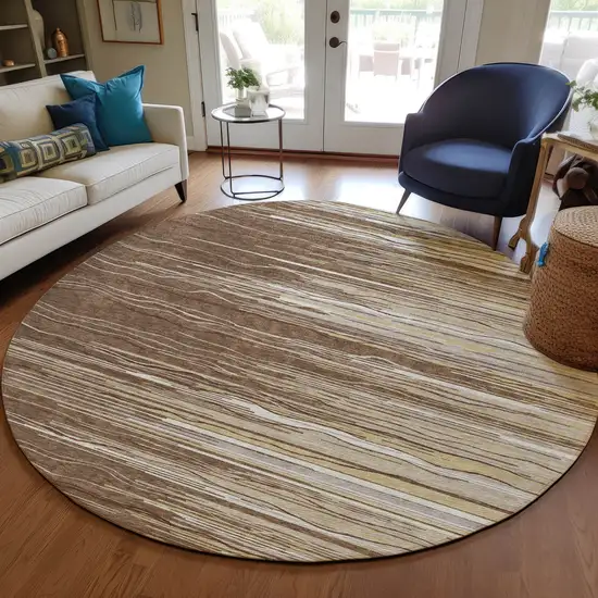 8' Brown Beige And Ivory Round Striped Washable Indoor Outdoor Area Rug Photo 7