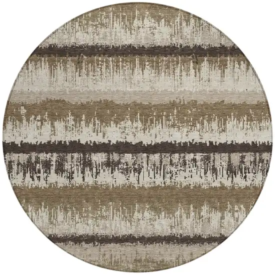 8' Brown Beige And Ivory Round Striped Washable Indoor Outdoor Area Rug Photo 4