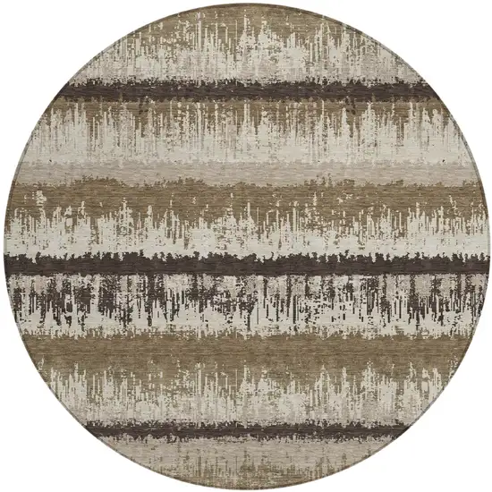 8' Brown Beige And Ivory Round Striped Washable Indoor Outdoor Area Rug Photo 2