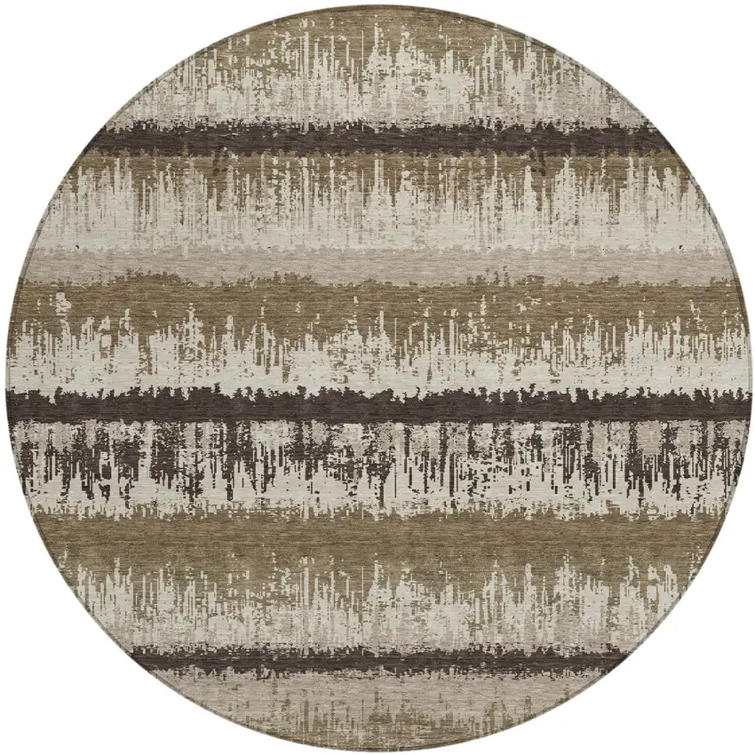 8' Brown Beige And Ivory Round Striped Washable Indoor Outdoor Area Rug Photo 2