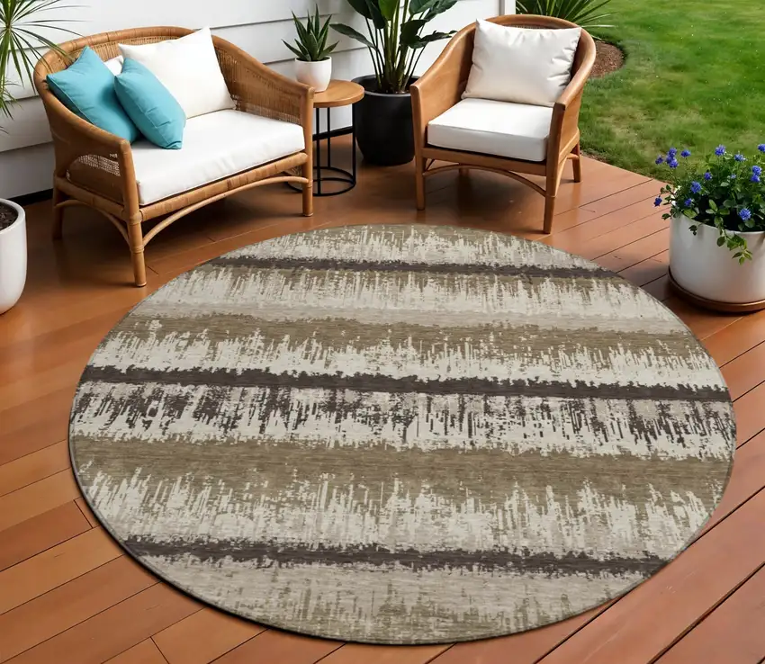 8' Brown Beige And Ivory Round Striped Washable Indoor Outdoor Area Rug Photo 1