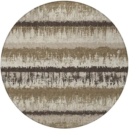 8' Brown Beige And Ivory Round Striped Washable Indoor Outdoor Area Rug Photo 5