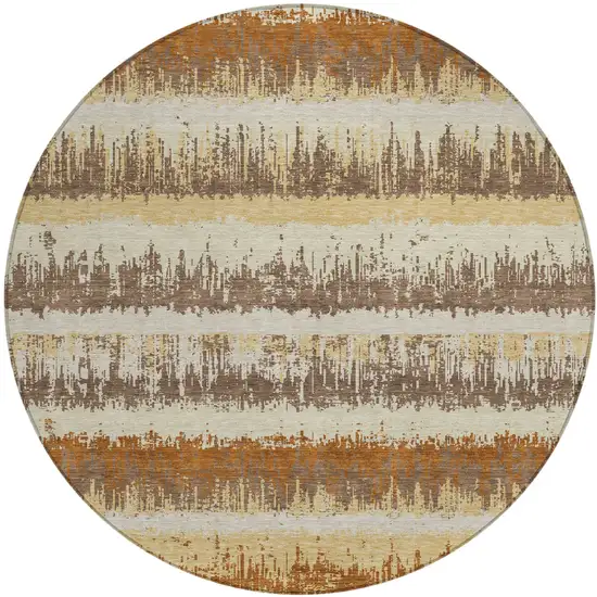 8' Brown Beige And Ivory Round Striped Washable Indoor Outdoor Area Rug Photo 2