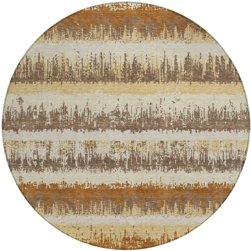 8' Brown Beige And Ivory Round Striped Washable Indoor Outdoor Area Rug Photo 2
