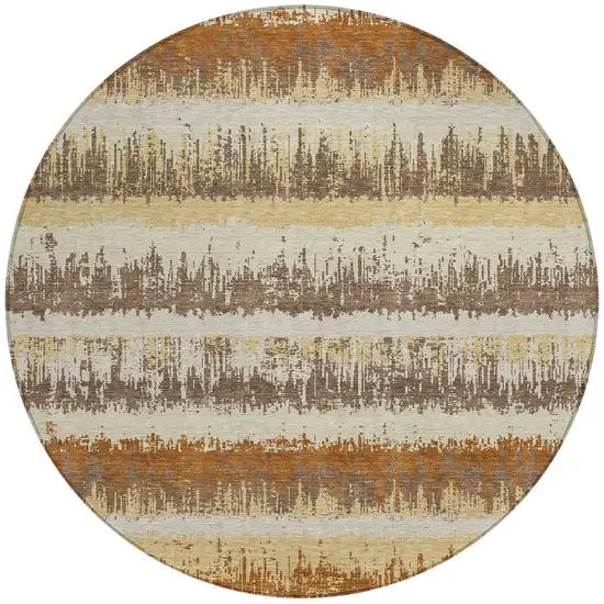 8' Brown Beige And Ivory Round Striped Washable Indoor Outdoor Area Rug Photo 4
