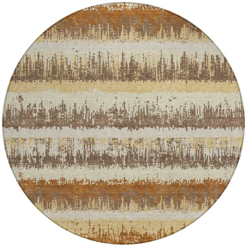 8' Brown Beige And Ivory Round Striped Washable Indoor Outdoor Area Rug Photo 4