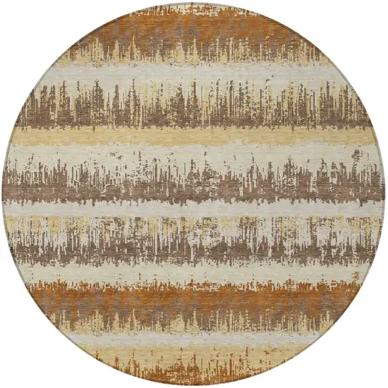8' Brown Beige And Ivory Round Striped Washable Indoor Outdoor Area Rug Photo 5