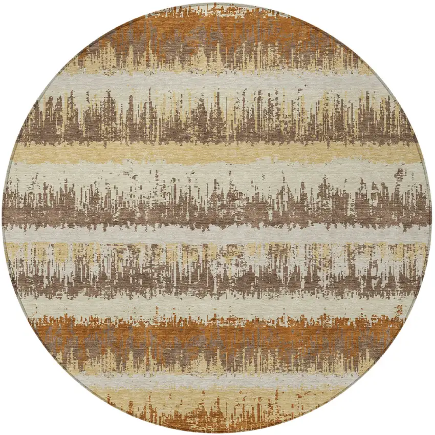 8' Brown Beige And Ivory Round Striped Washable Indoor Outdoor Area Rug Photo 5
