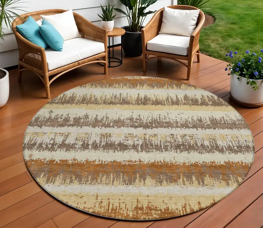 8' Brown Beige And Ivory Round Striped Washable Indoor Outdoor Area Rug Photo 1