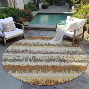 Photo of 8' Brown Beige And Ivory Round Striped Washable Indoor Outdoor Area Rug