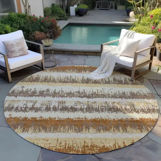 8' Brown Beige And Ivory Round Striped Washable Indoor Outdoor Area Rug Photo 6