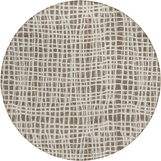 8' Brown Beige And Ivory Round Striped Washable Indoor Outdoor Area Rug Photo 2