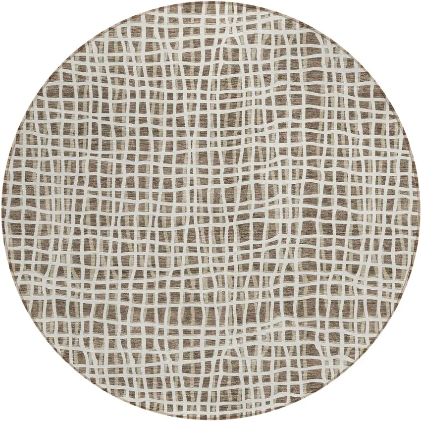 8' Brown Beige And Ivory Round Striped Washable Indoor Outdoor Area Rug Photo 2